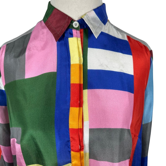 Bogner Color Block Button Blouse Horse Equestrian Back Silk Size US 12 EU 42 - Picture 4 of 13